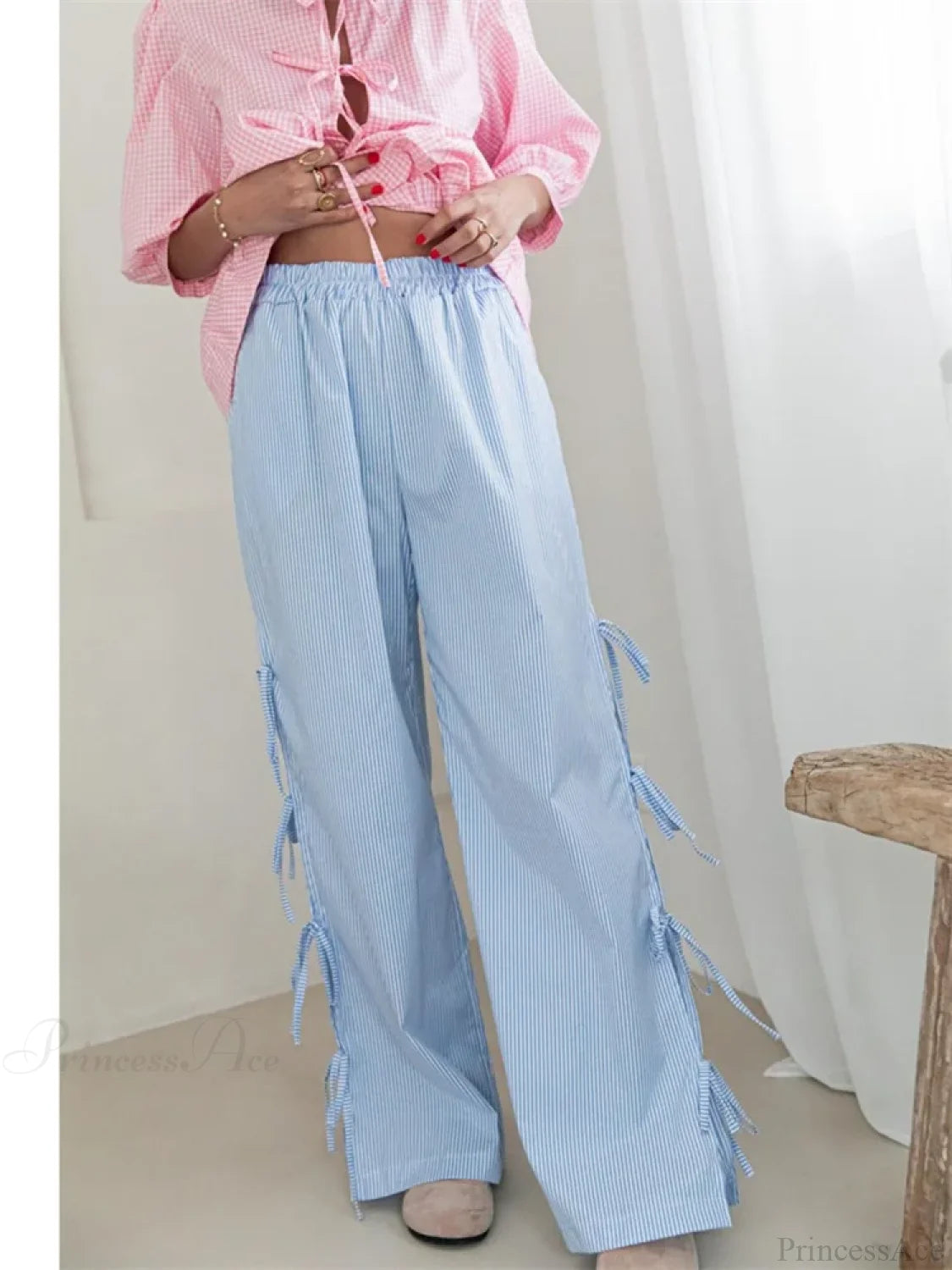Lace Floral See-Through Elastic Waist Wide Leg Pant BLUE / S pant-250223