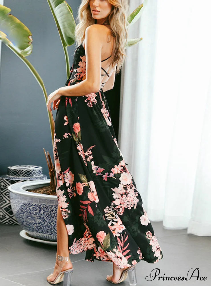 Lace Flowered Design Up Gown Full-Length V Neck For Women M / Black Dresses
