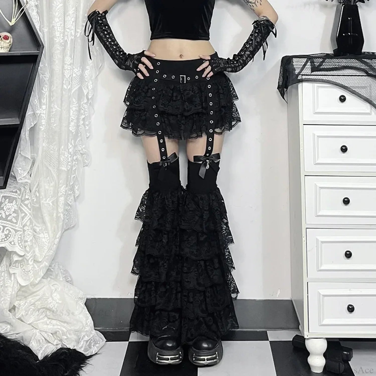 Lace Layered Eyelet Mini Skirt Black / XS