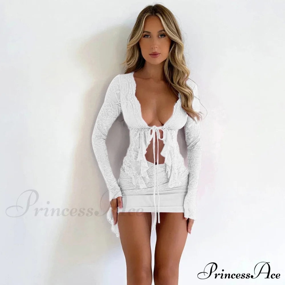 Lace Long Gown And Sexy Skirt Set Mini T-Shirt Irregular Piece Arm Lace-Up Party Women Sets Two