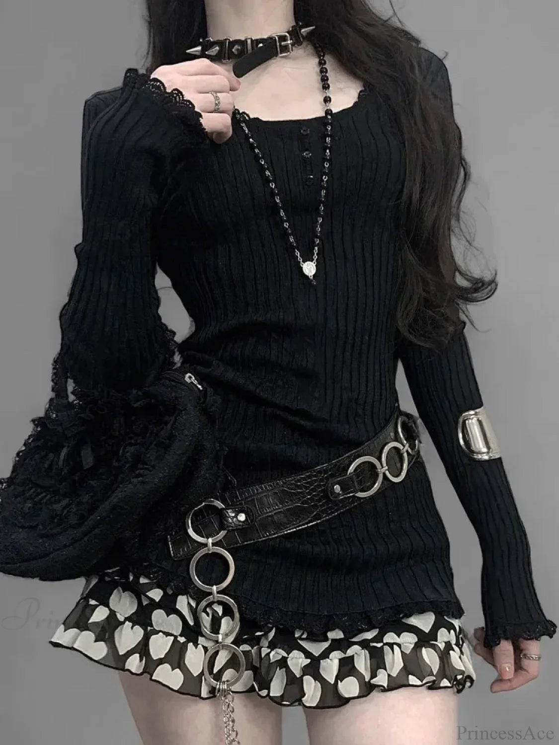 Lace O-neck Knit Top Black / S