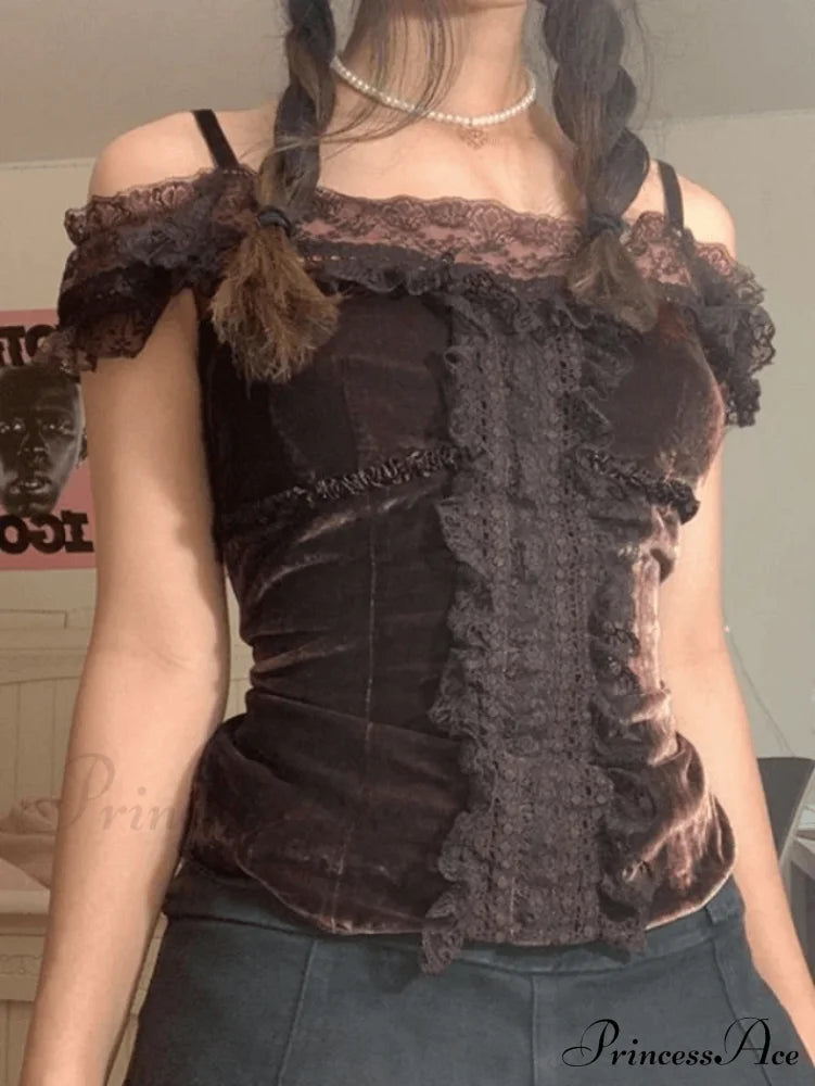 Lace O Neck Trendy Irregular Maxi Dress Brown / S Shirts