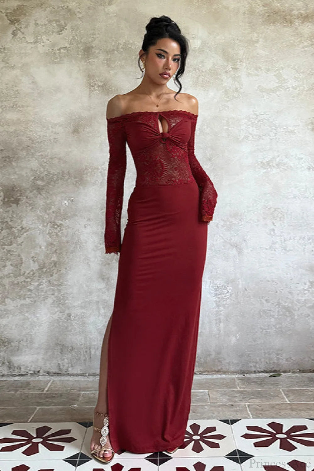 Lace Off Shoulder Elegant Bodycon Maxi Dress Burgundy / S