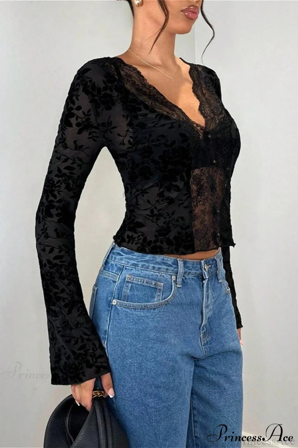 Lace Panel Leopard Slim Flared Sleeve Long Sleeve Tee