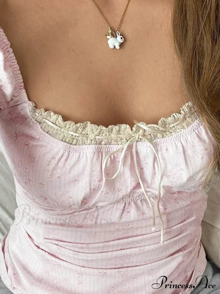 Lace Paneled Graceful Denim Corset Top Tank Tops&Camis