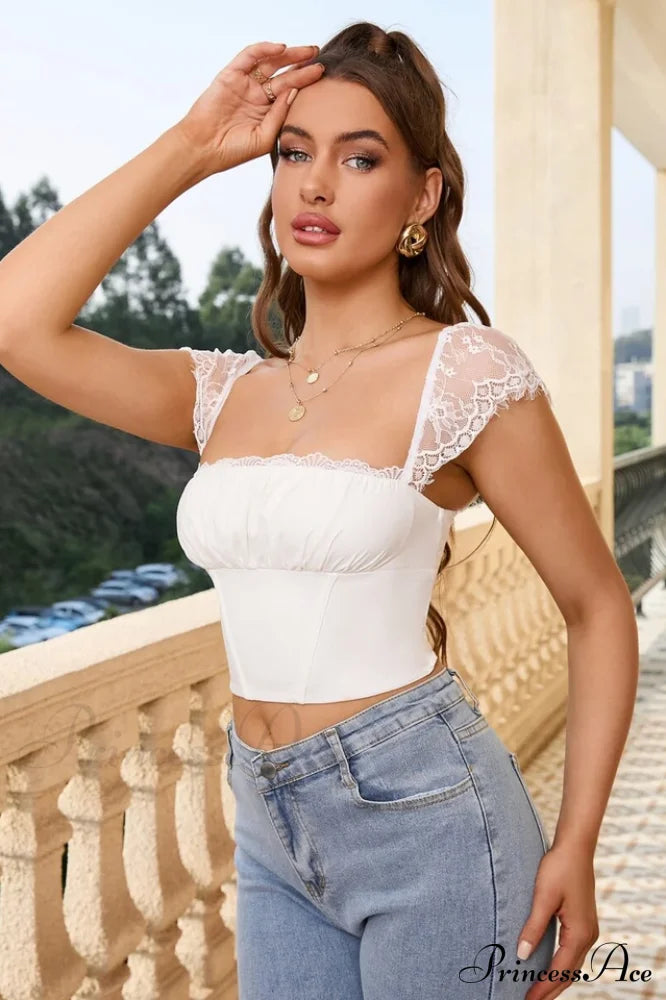 Lace Paneled Stylish Bust Ruffled Top