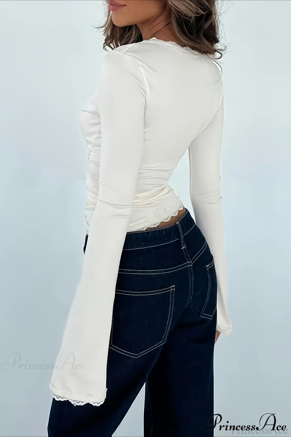 Lace Paneled V-Neck Tie-Waist Long-Sleeve Slim Knit Top