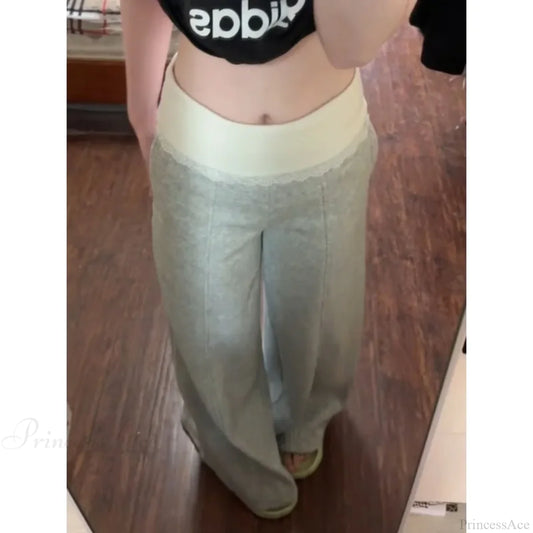 Lace Patchwork Basic Flare Women Pants Grey / S