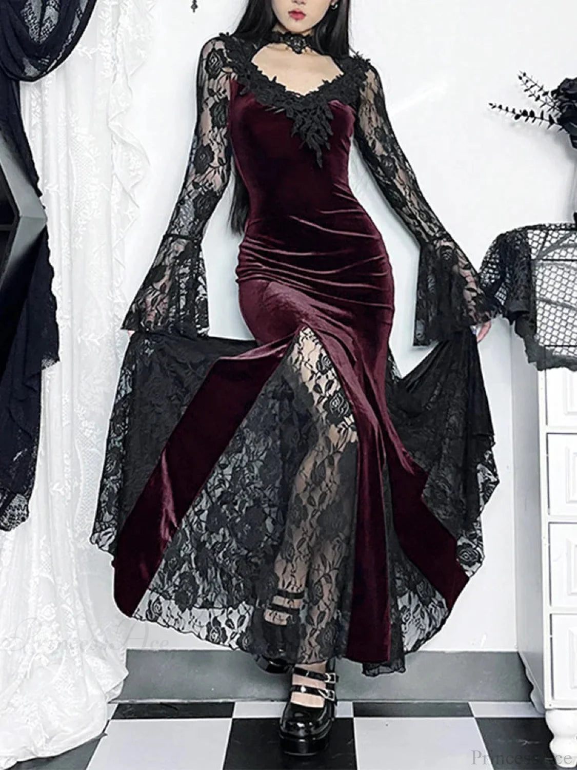Lace Patchwork Flare Sleeve Maxi Dress RedWine / S