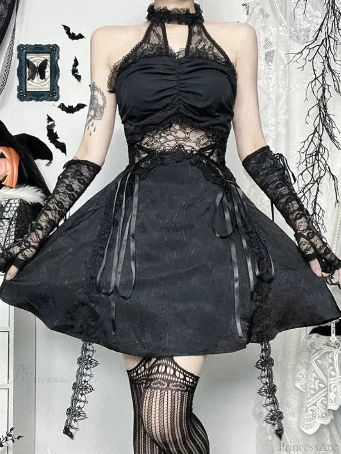 Lace Patchwork Halter Mini Dress