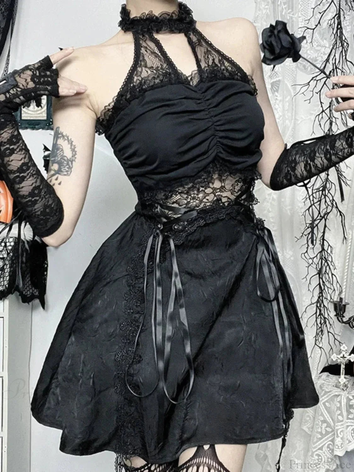 Lace Patchwork Halter Mini Dress Black / XS