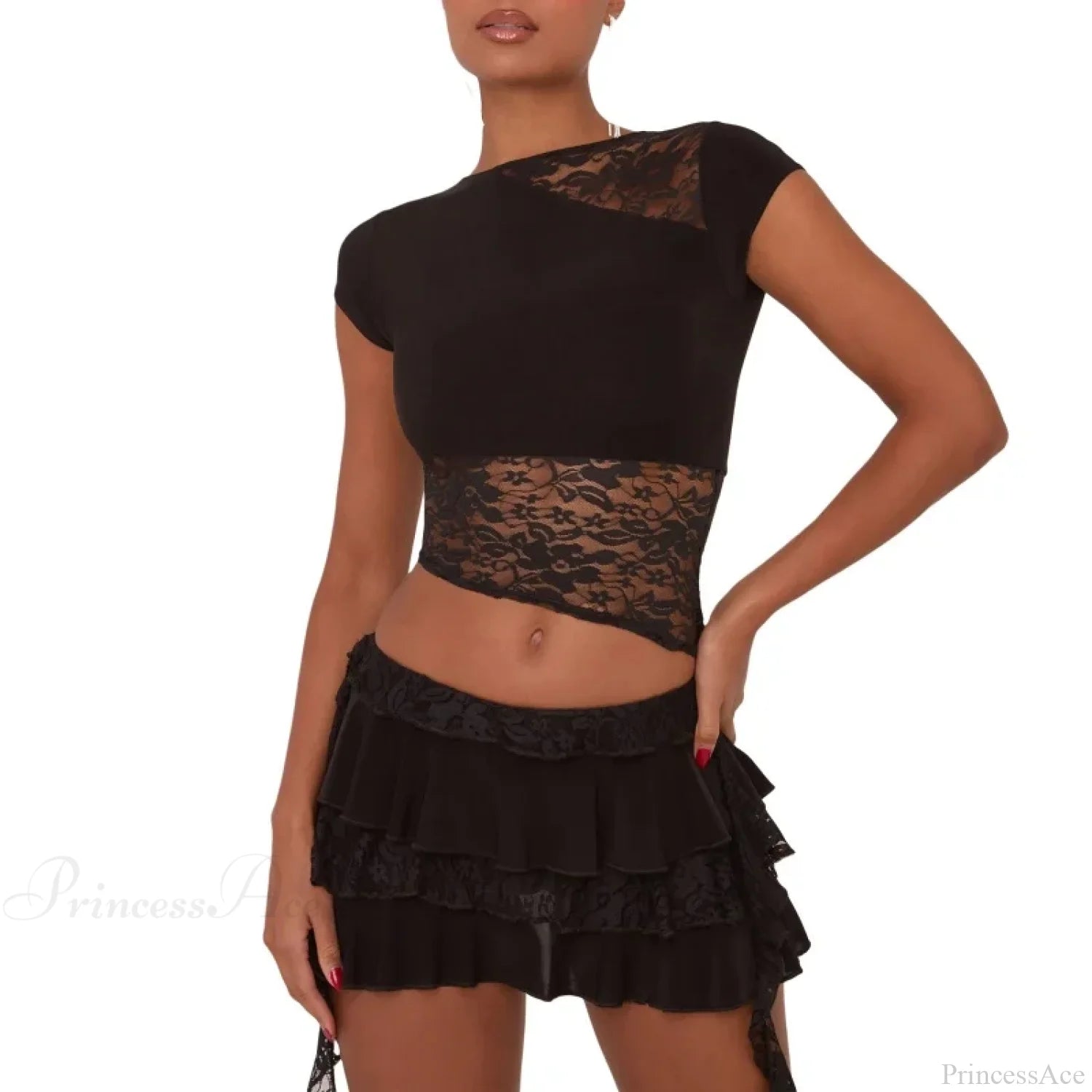 Lace Patchwork Layered Ruffle Skirt