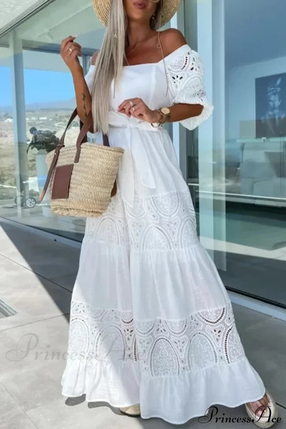 Lace Patchwork Loose Casual Beach Square Neck Boho Dress White / S