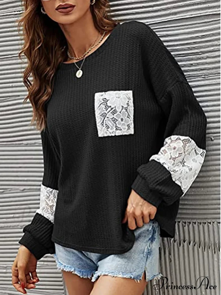 Lace Patchwork Pink Trendy Knit Crop Top Black / L Tops