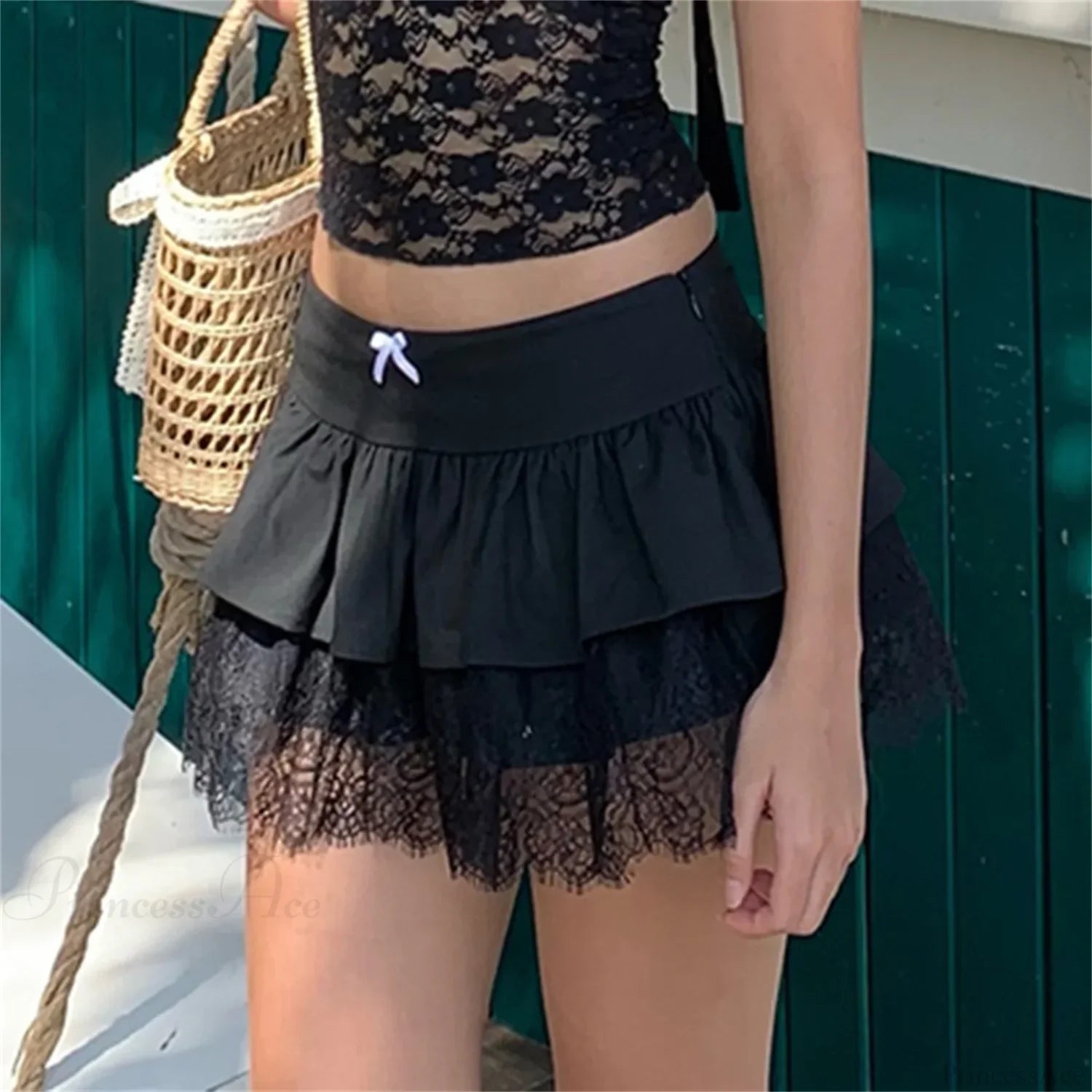 Lace Patchwork Preppy Black Skirt skirts-250223