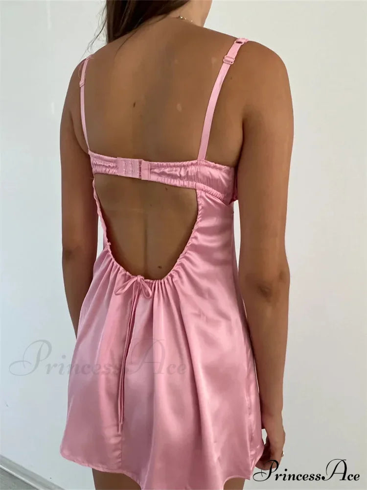 Lace Patchwork Ruched Vintage Sleeveless Strap Backless Mini Dress