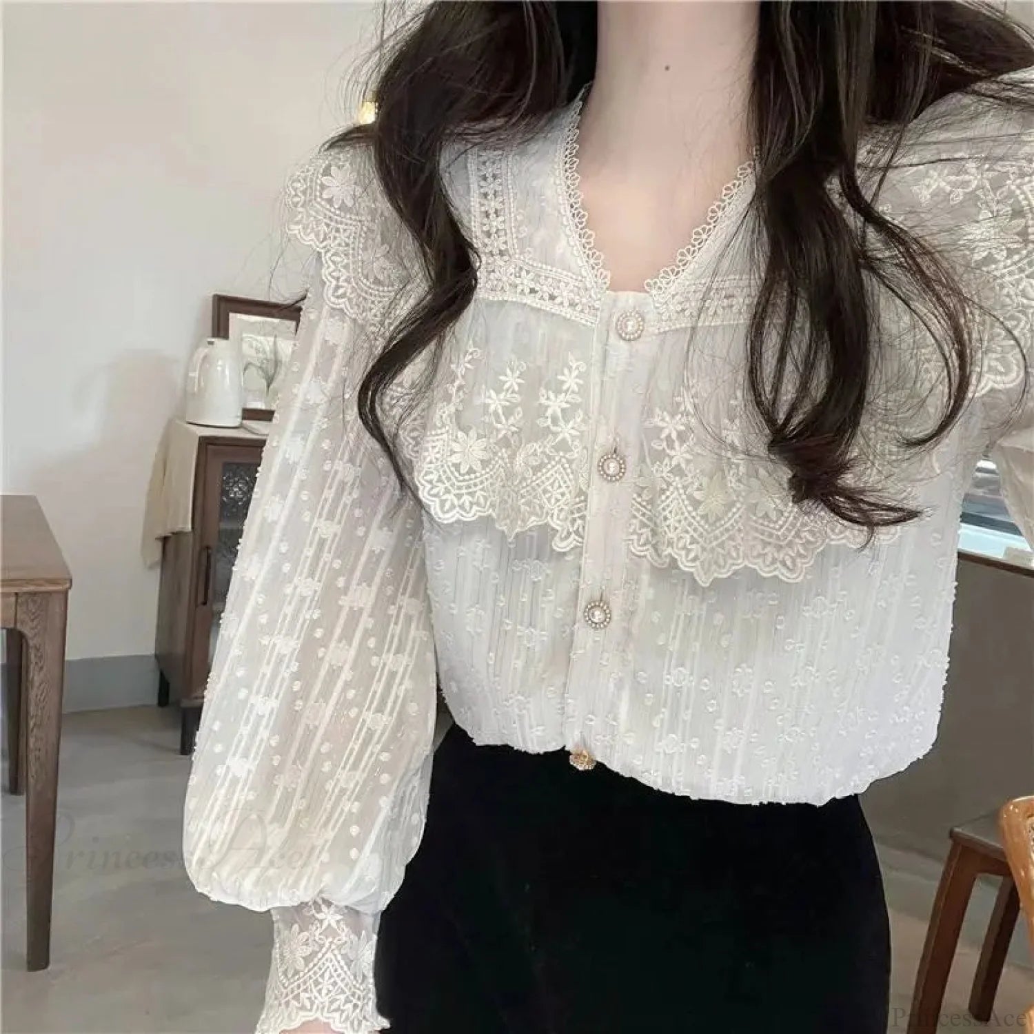 Lace Ruffle Edge Long Sleeve Blouse Sweet Blouse blouse-250126