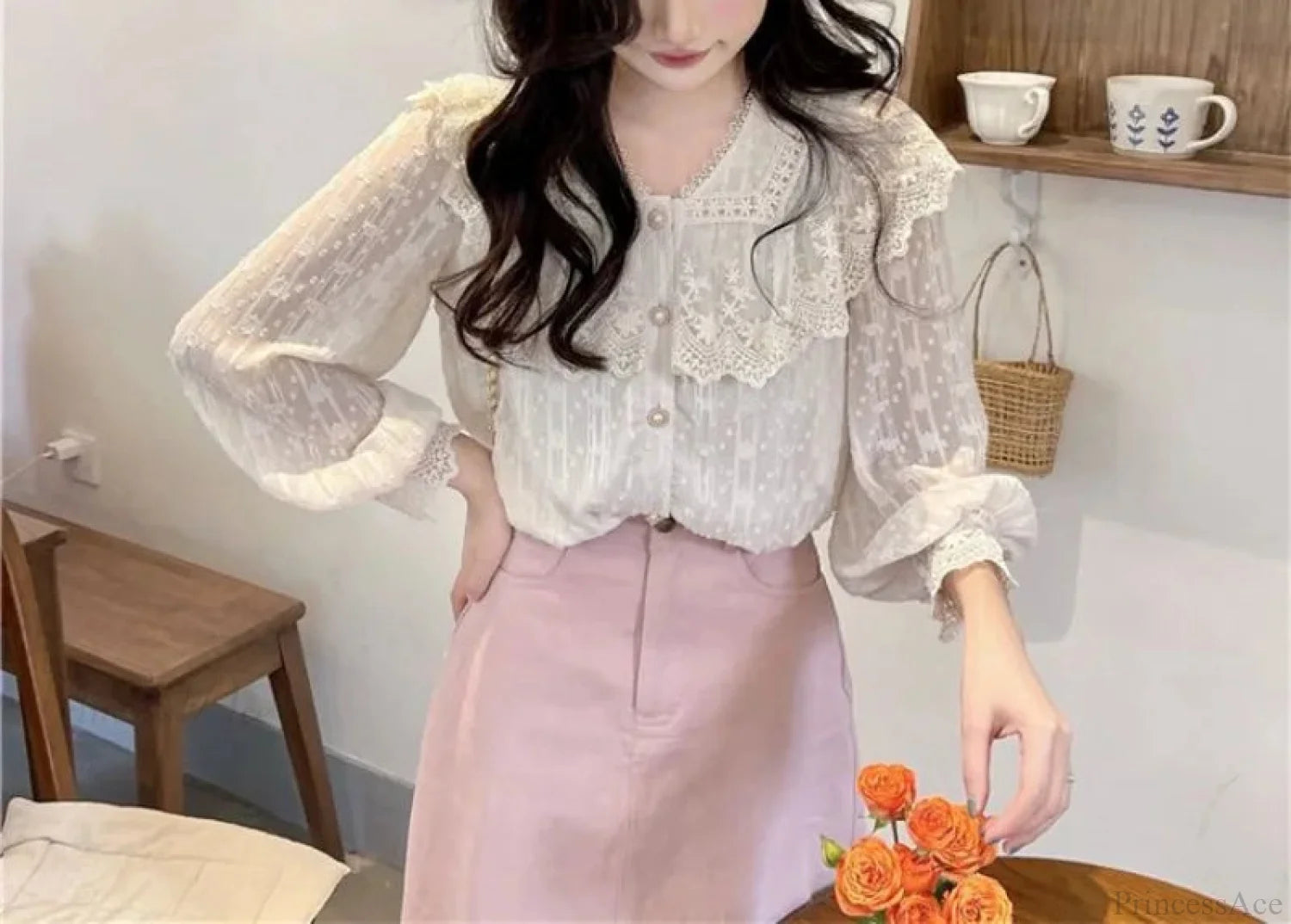 Lace Ruffle Edge Long Sleeve Blouse Sweet Blouse blouse-250126