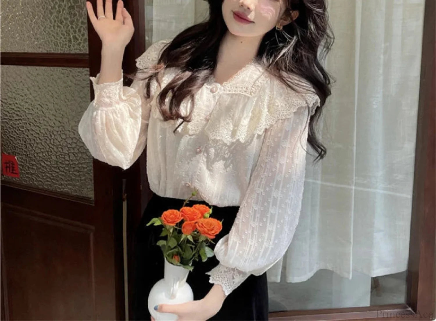 Lace Ruffle Edge Long Sleeve Blouse Sweet Blouse blouse-250126