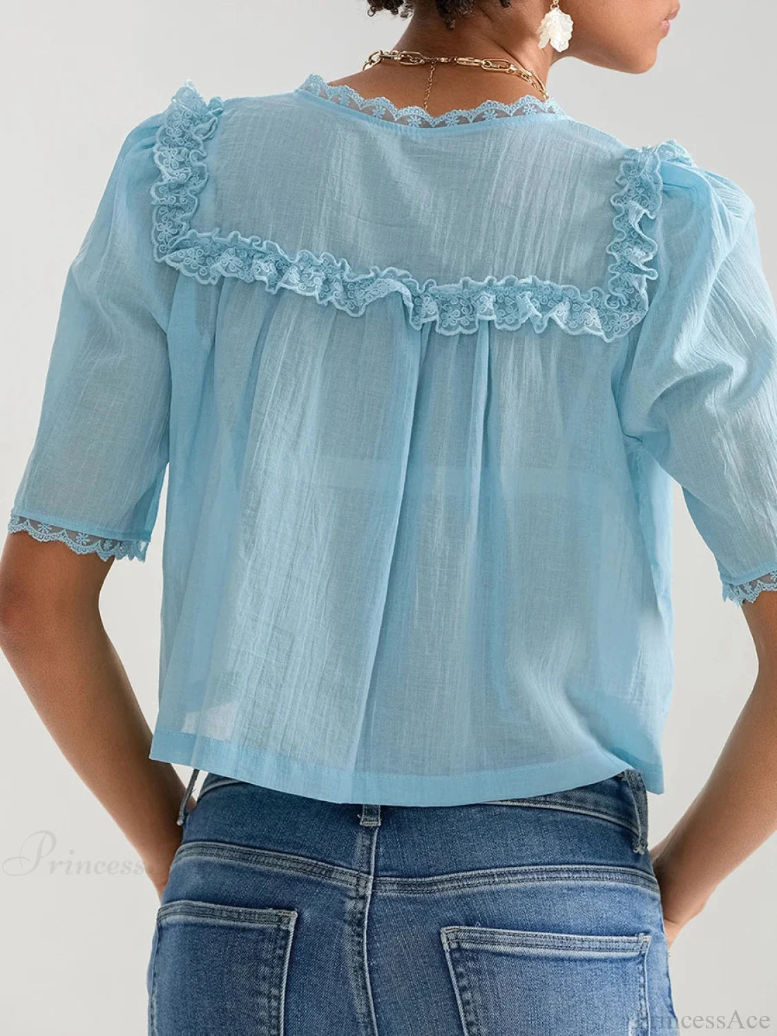 Lace Ruffle V-neck Button Casual Loose Crop Shirt croptop-250126