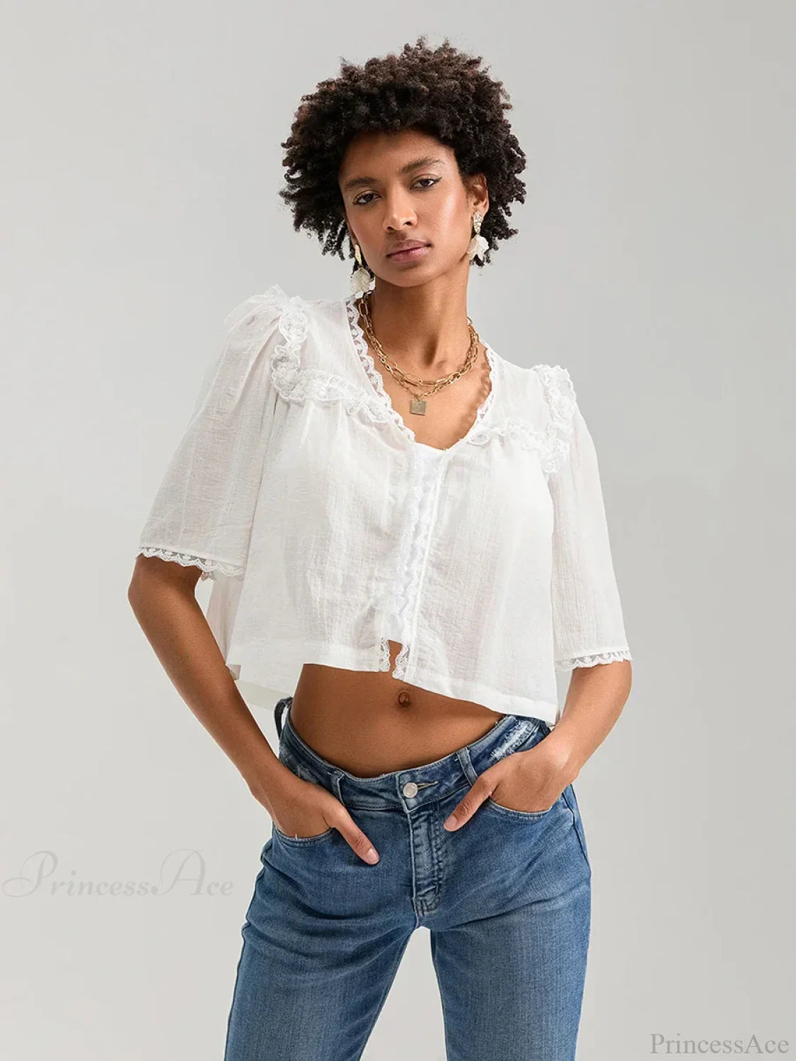 Lace Ruffle V-neck Button Casual Loose Crop Shirt croptop-250126
