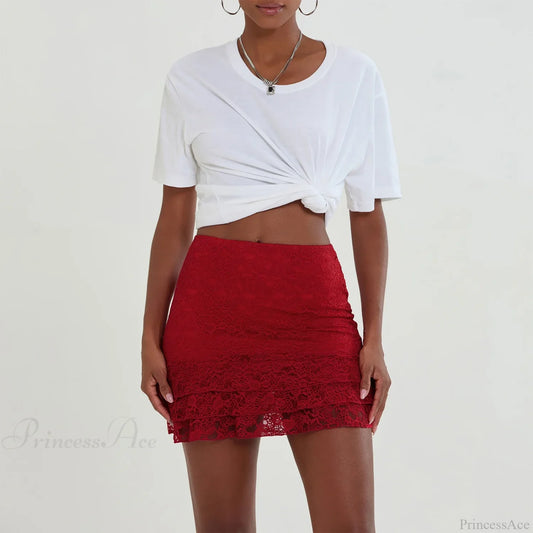 Lace Ruffles High Waist Skirt Red / S skirts-250223