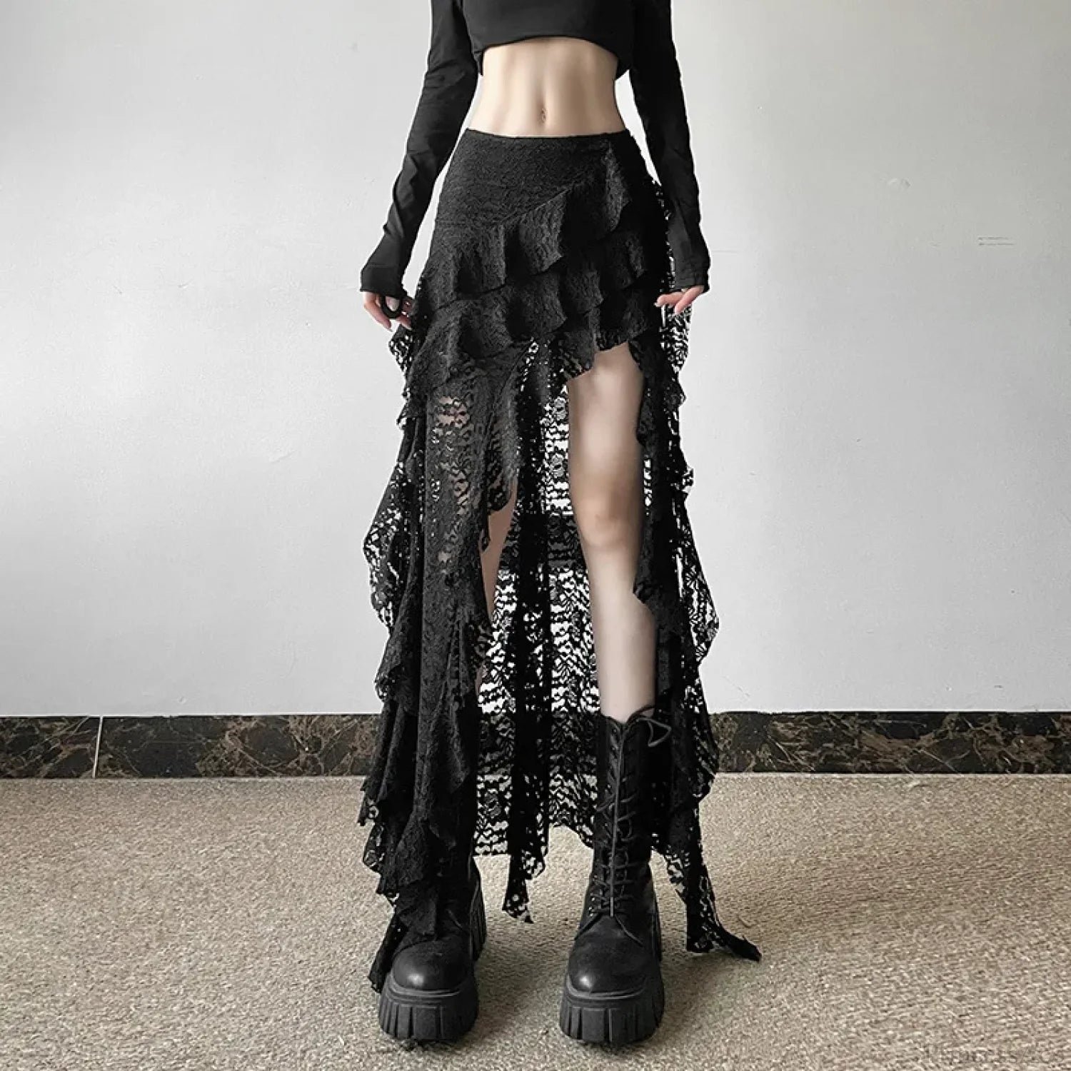 Lace Ruffles Patchwork Mini Skirt Black / S