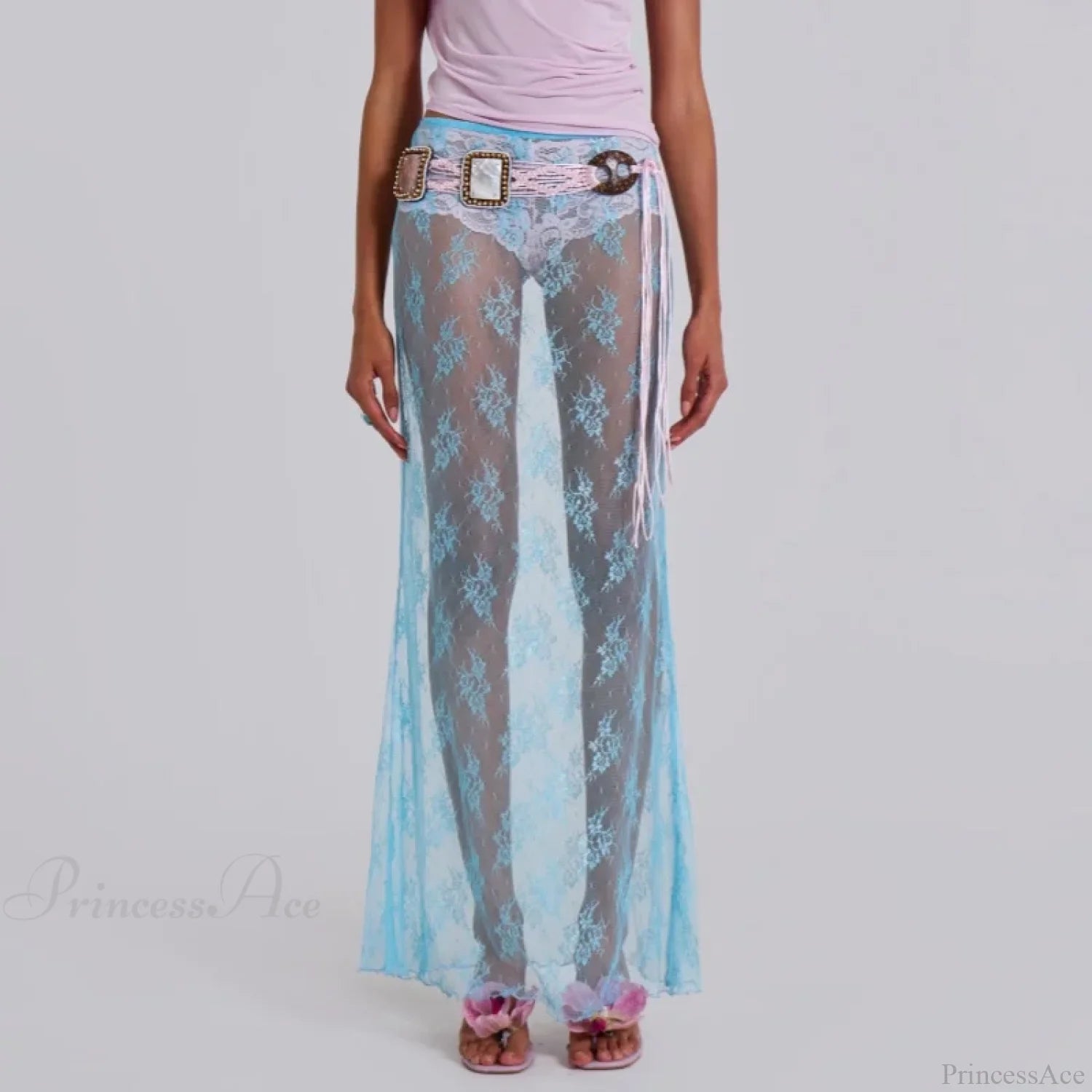 Lace Sheer Maxi Split Sexy See Through Cover Up Beach Skirt SKY BLUE / S skirt-250126