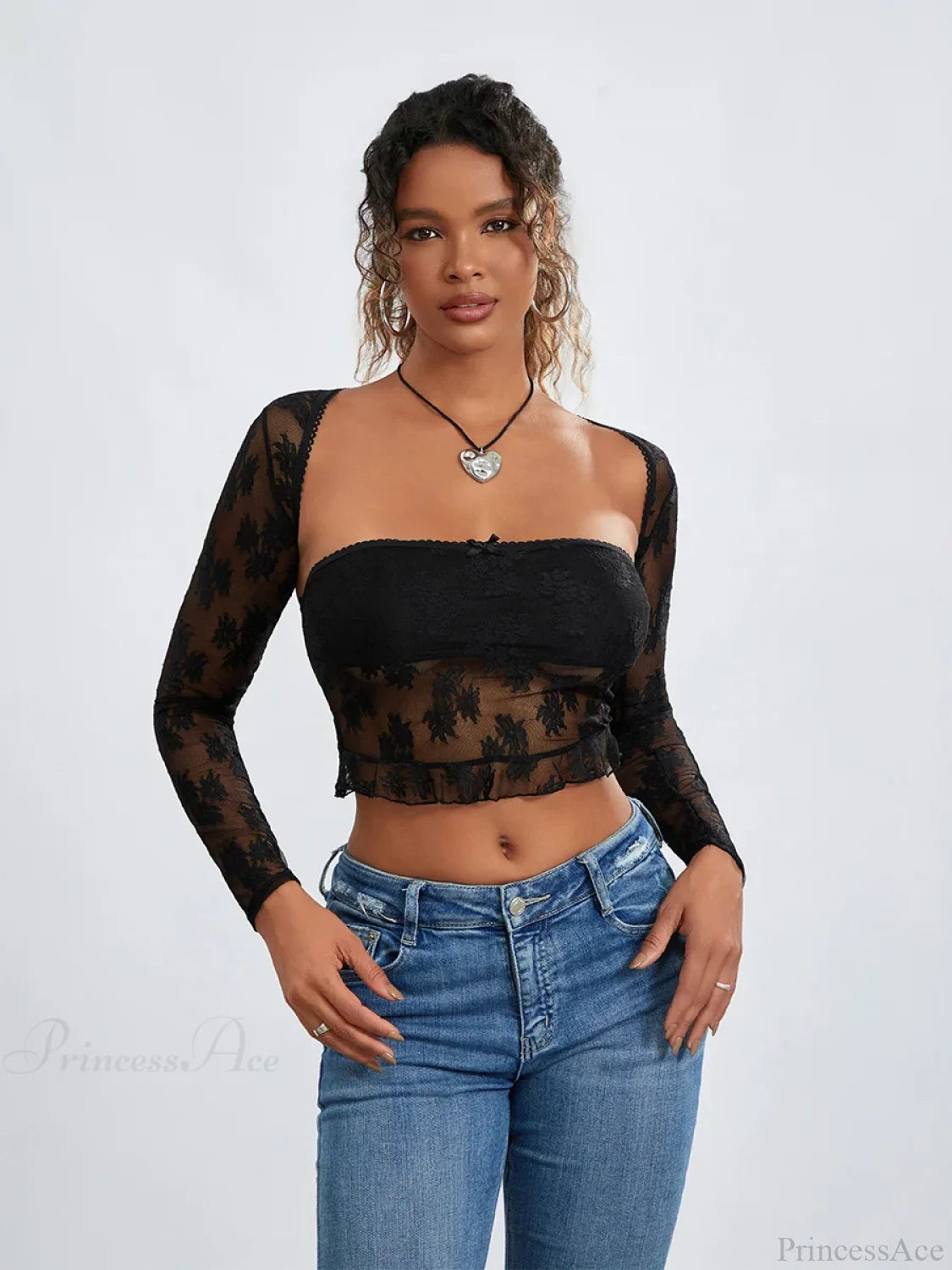 Lace Shrug Two-piece Floral Sheer Mesh Crop Outfit black lace / S croptop-250126
