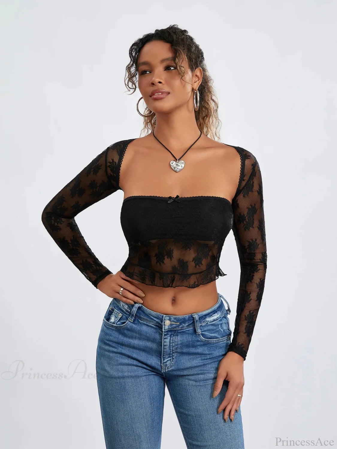 Lace Shrug Two-piece Floral Sheer Mesh Crop Outfit croptop-250126