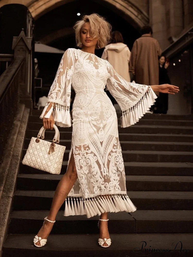 Lace Spaghetti Graceful Strap Irregular Dress White / M Dresses