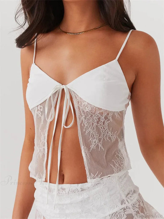 Lace Spaghetti Strap Split See-through Crop Top croptop-250126