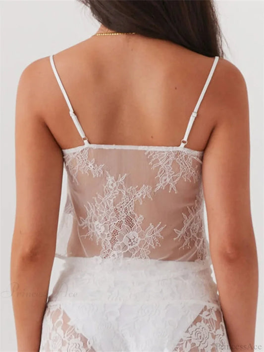Lace Spaghetti Strap Split See-through Crop Top croptop-250126