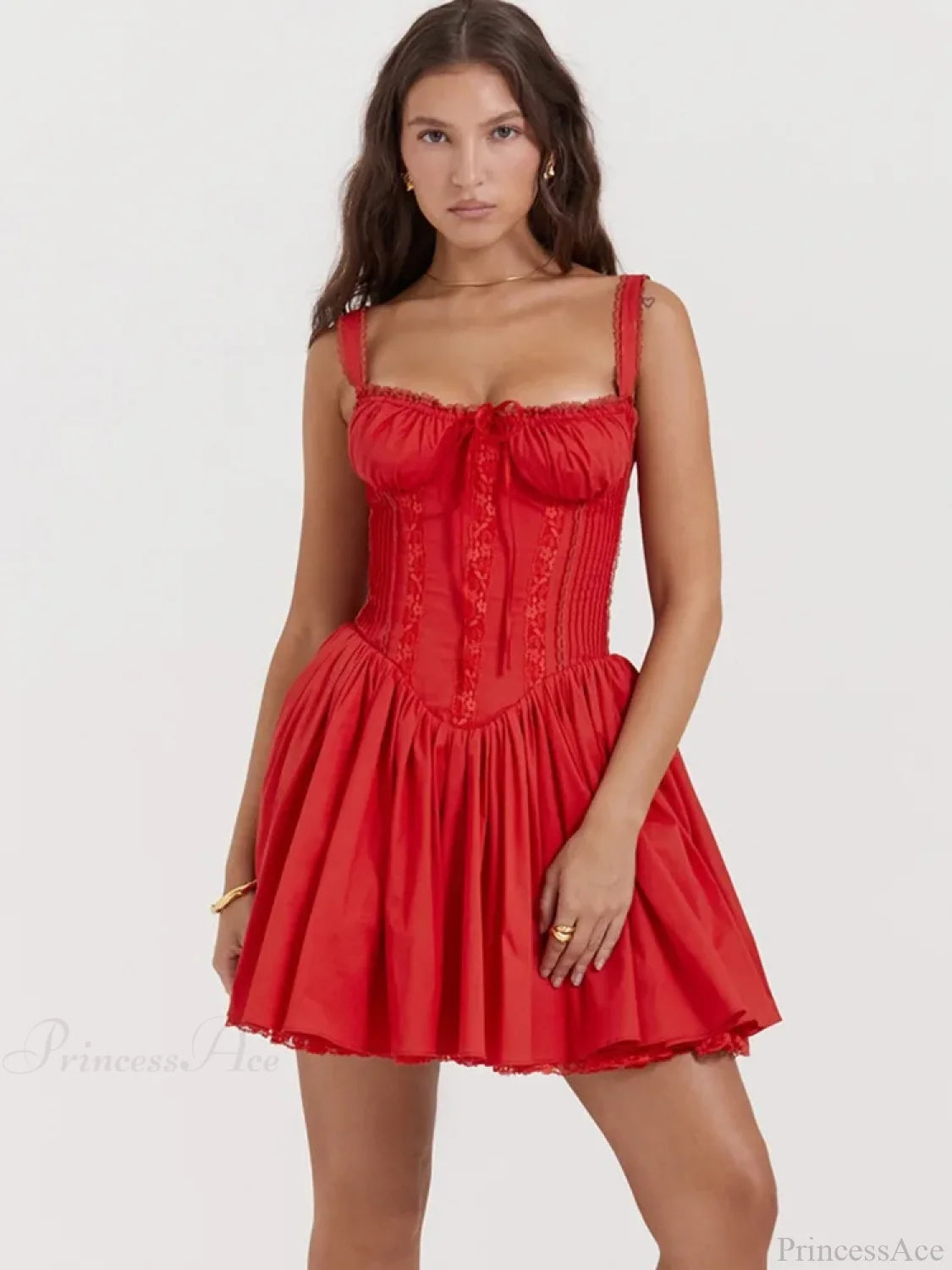 Lace Splicing Strap Mini Dress Red / S minidress-250223