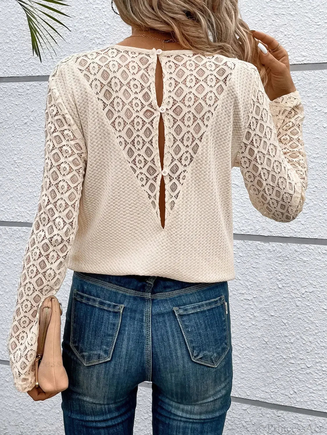 Lace Stitching Solid Color Casual Round Neck Long Sleeve T-shirt Women knittop-250126