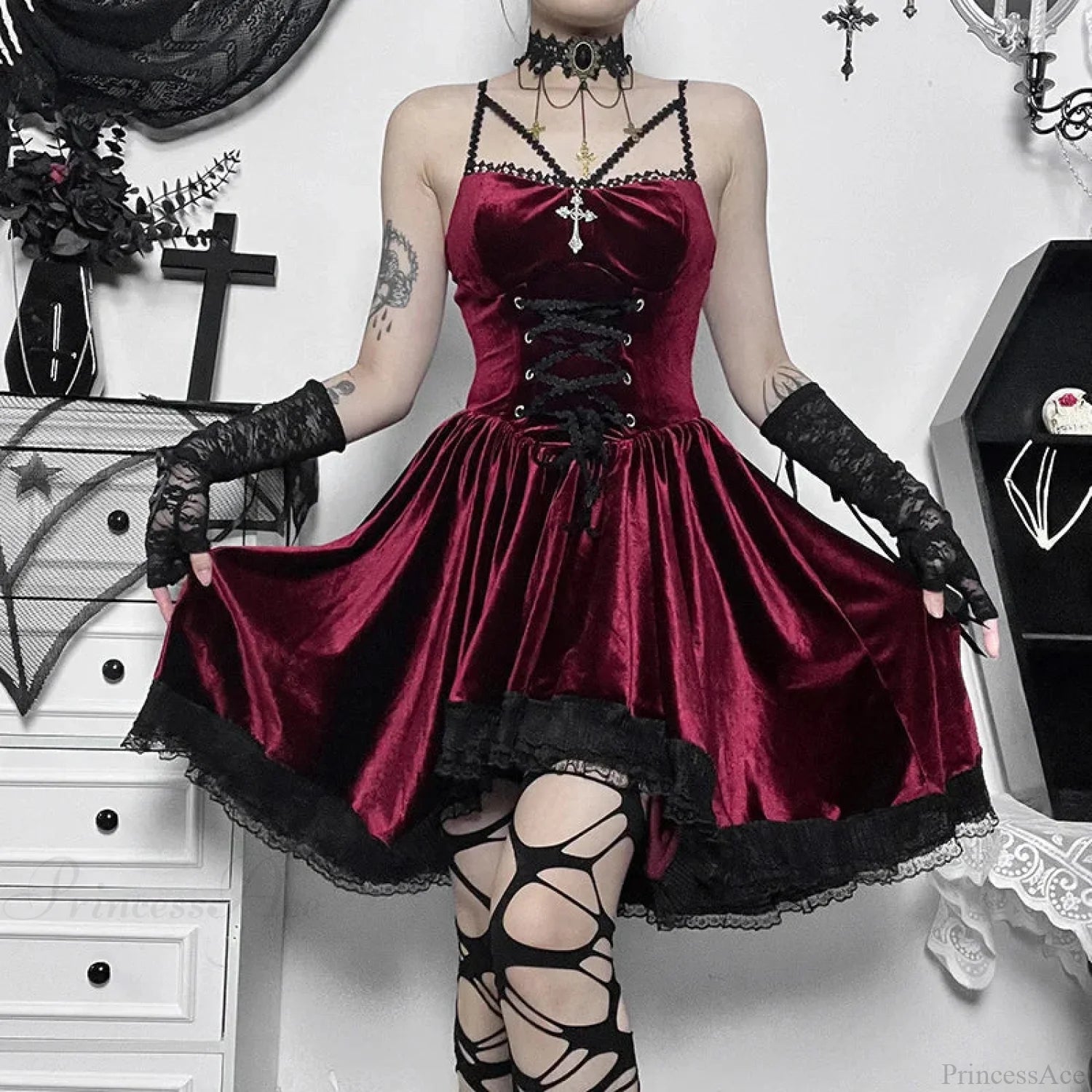 Lace Tall Waist Mini Garment red / S
