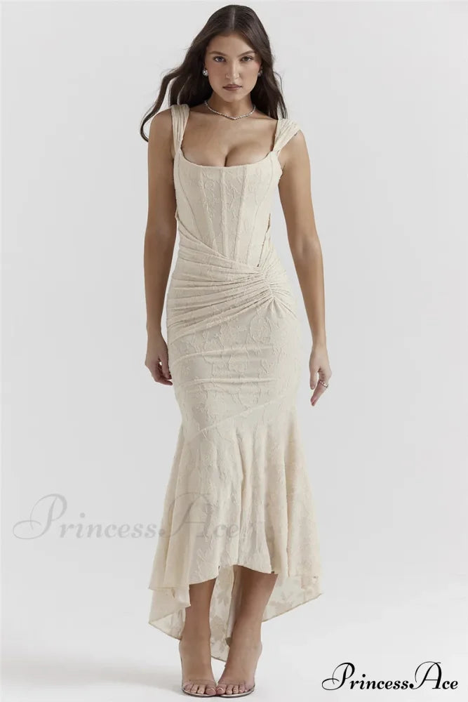 Lace Textured Strap Charming Wrap Midi Dress Pleated Maxi