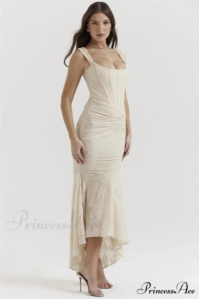 Lace Textured Strap Charming Wrap Midi Dress Pleated Maxi