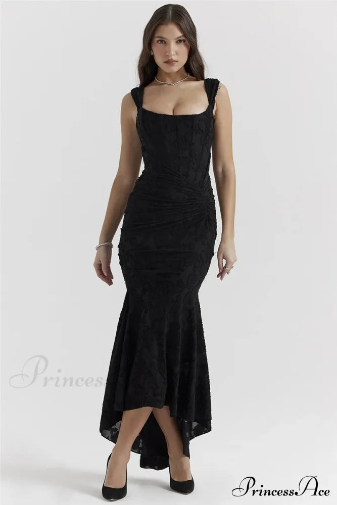 Lace Textured Strap Charming Wrap Midi Dress Pleated Maxi