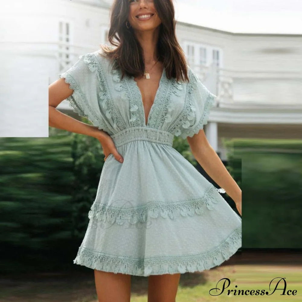 Lace Tie Up Beach Modern Ladies Ruffle Mini Dress Mint / S