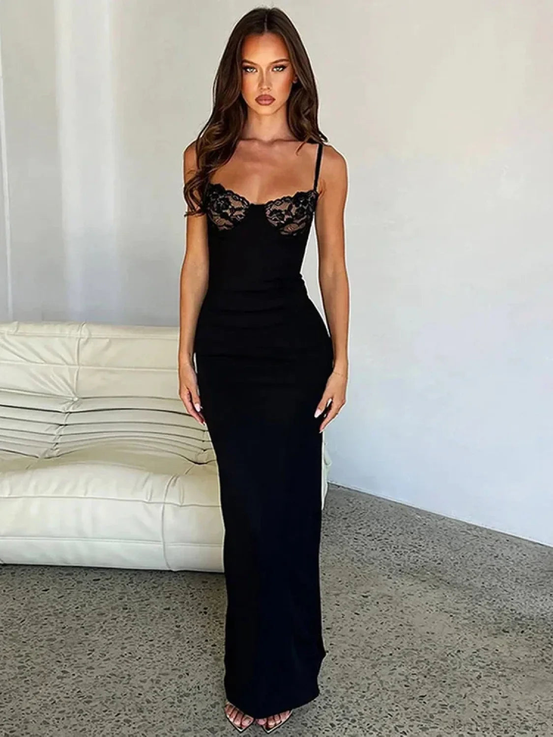 Lace Trim Backless Maxi Party Dress Black / S Partydress-241208