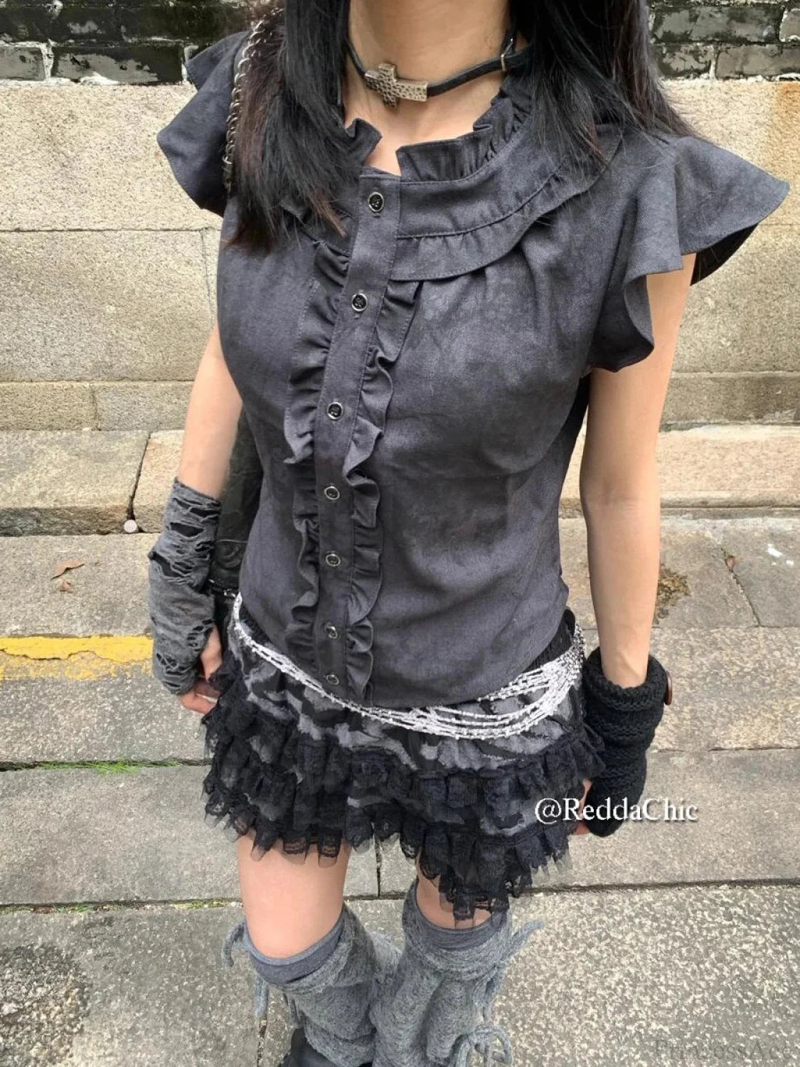 Lace Trim Puffy Ruffle Skirt