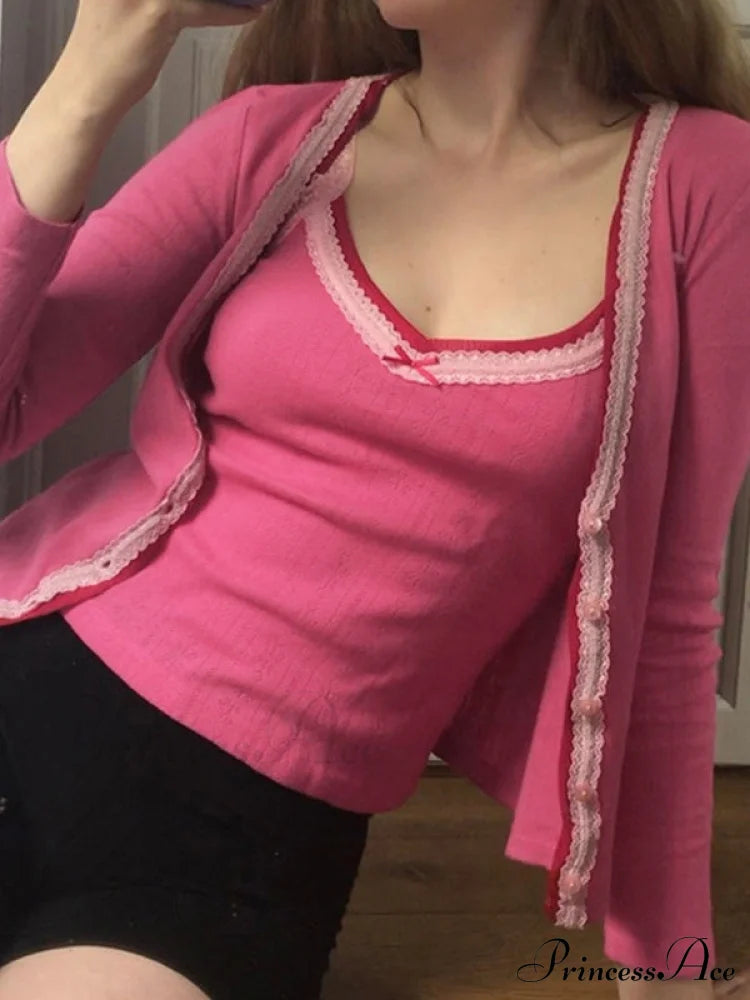 Lace Trim Ribbed Trendy Black Mini Skirt Beetroot Purple / S Two-Piece Outfits