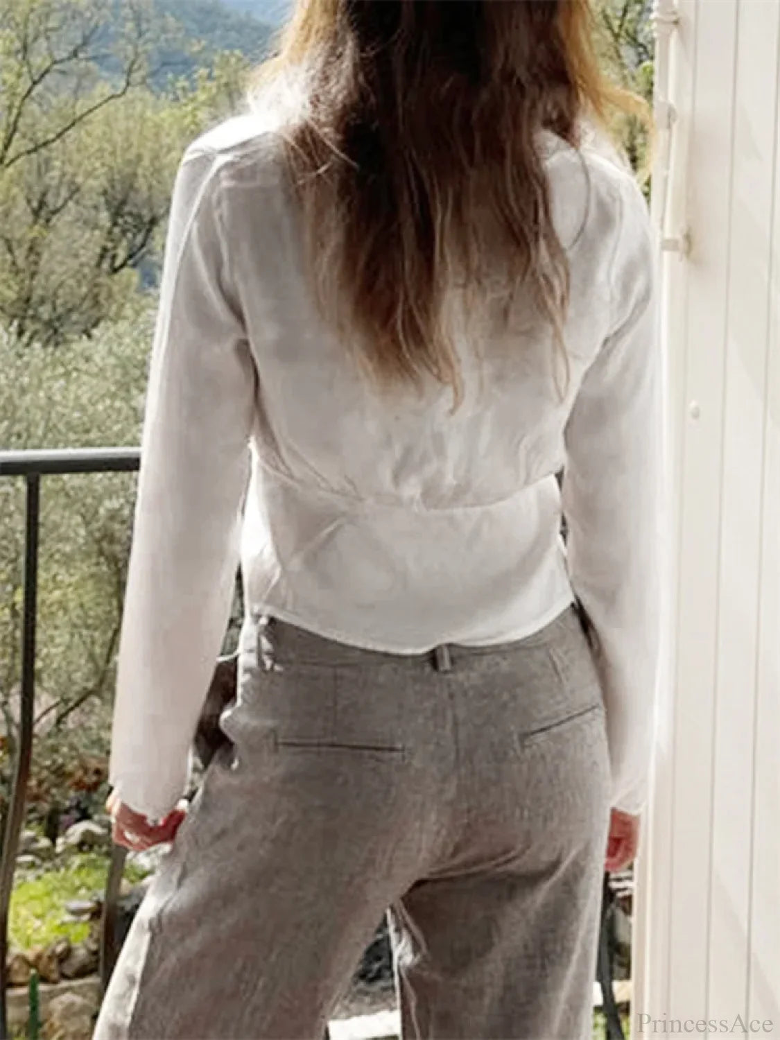 Lace Trim V-neck Tie-Up Blouse blouse-250223