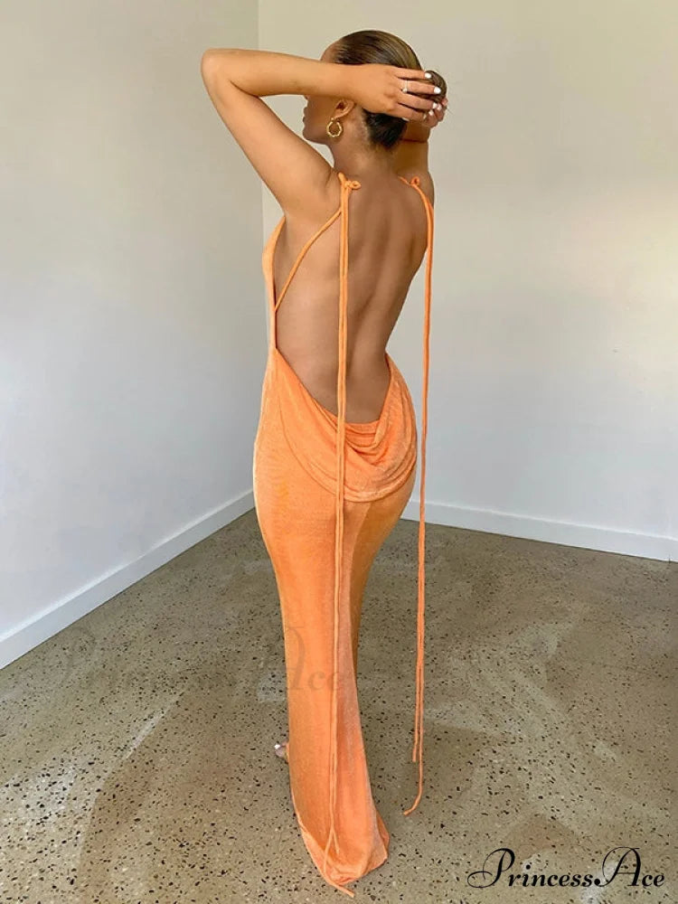 Lace-Up Backless Dress S / Orange Party Dresses-L