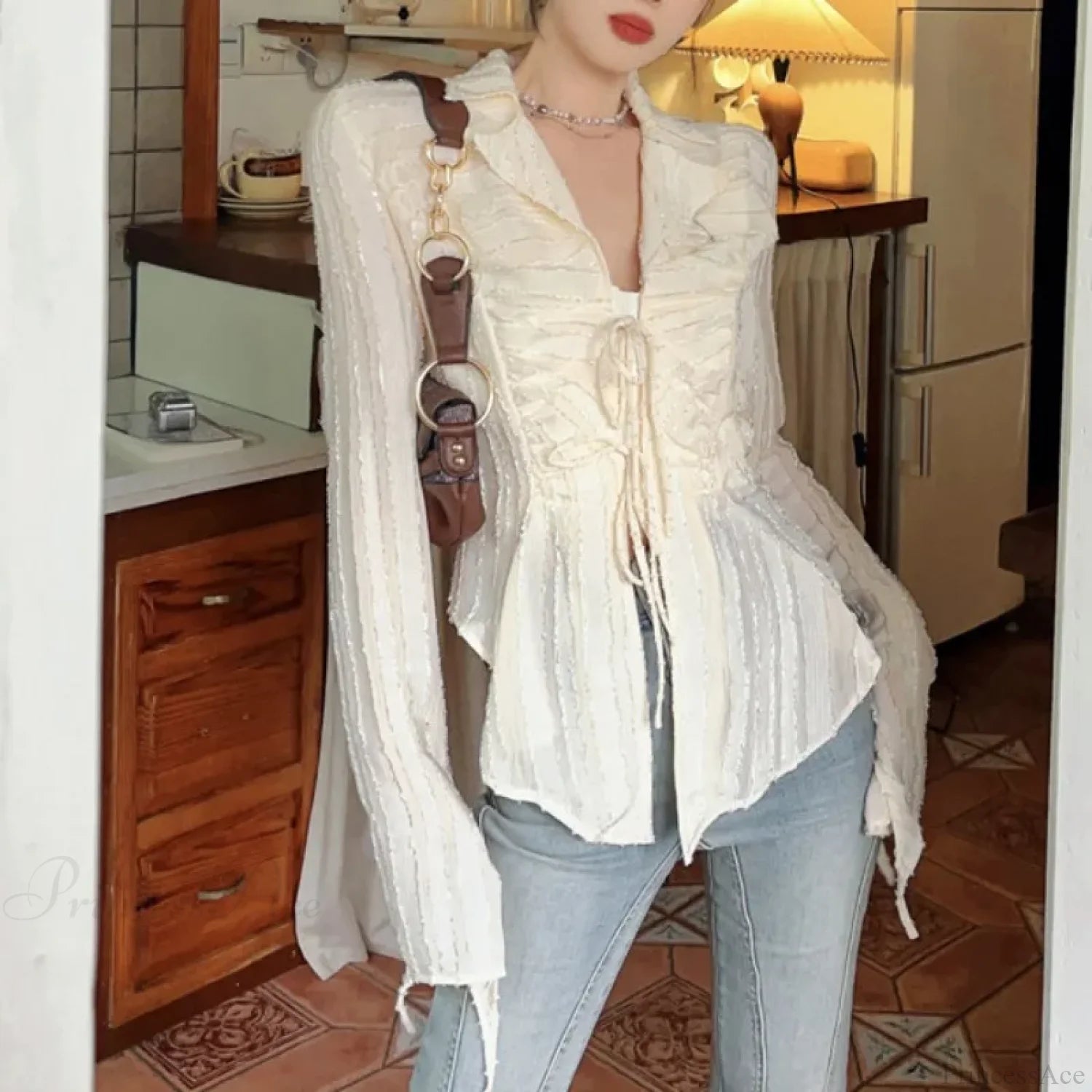 Lace Up Blouse Turn-down Collar Women Blouse blouse-250126