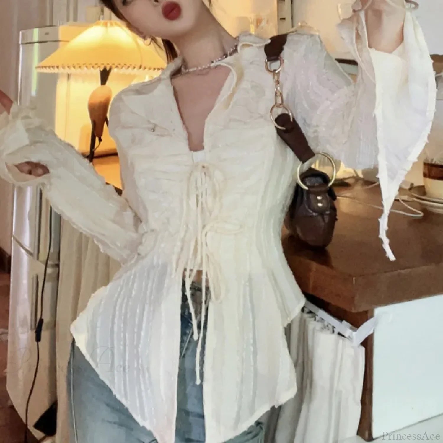 Lace Up Blouse Turn-down Collar Women Blouse blouse-250126