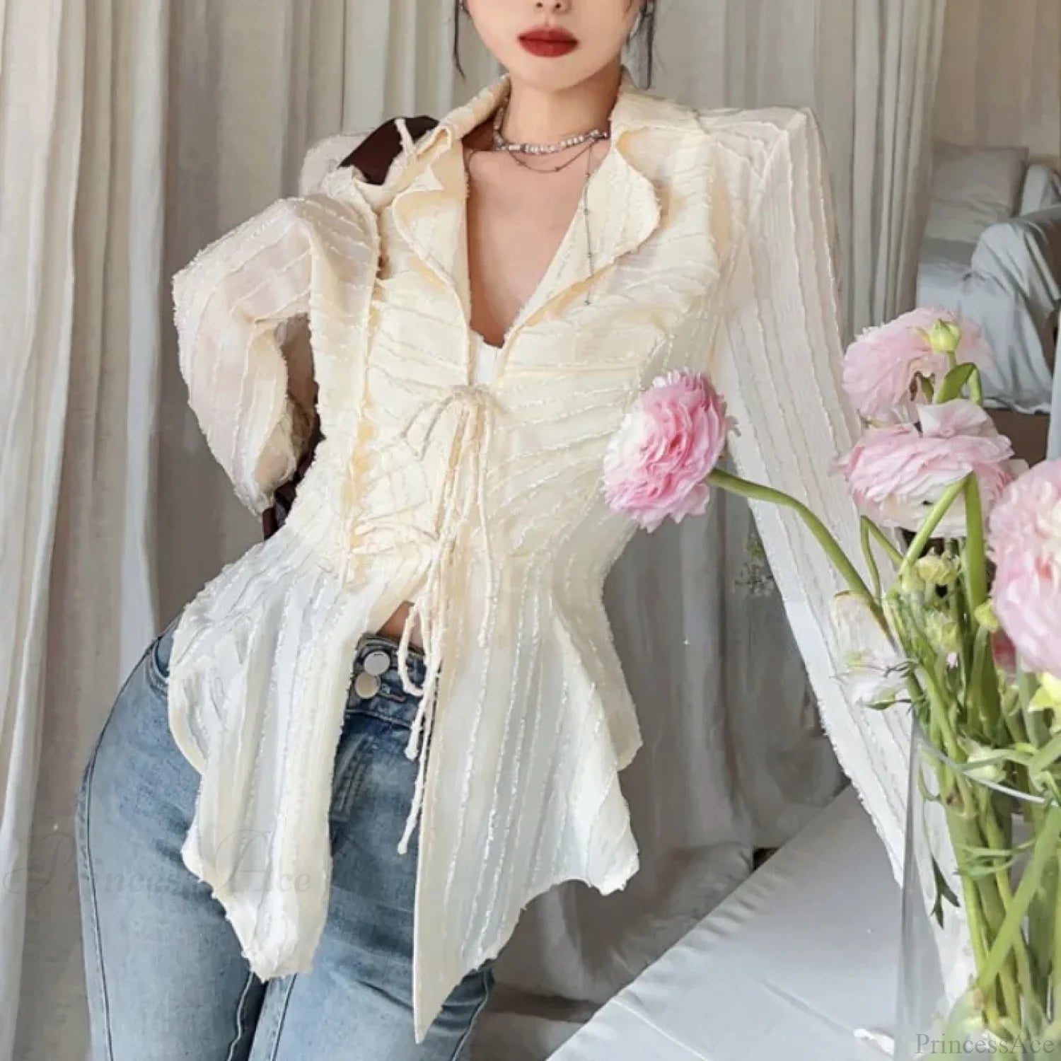 Lace Up Blouse Turn-down Collar Women Blouse blouse-250126