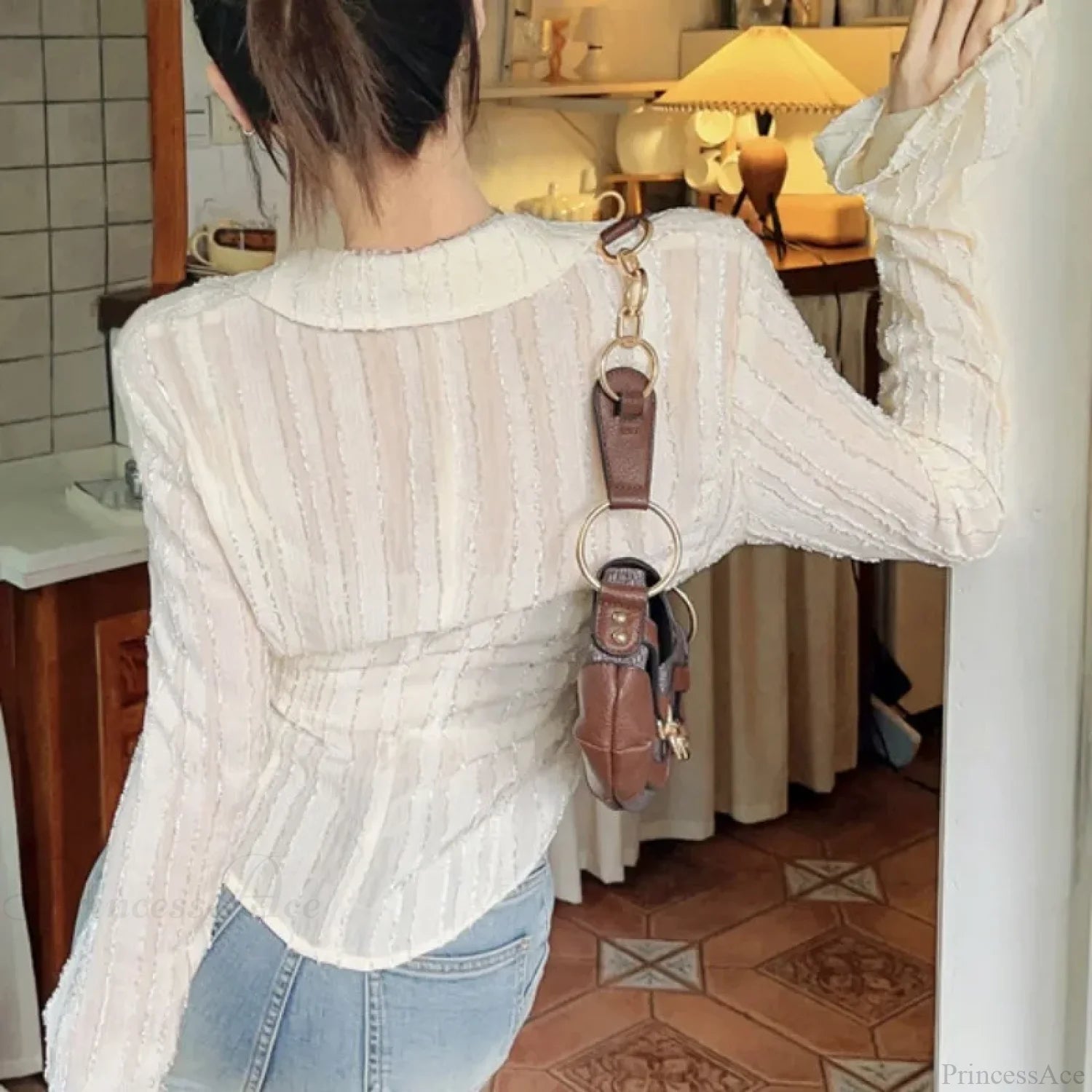 Lace Up Blouse Turn-down Collar Women Blouse blouse-250126