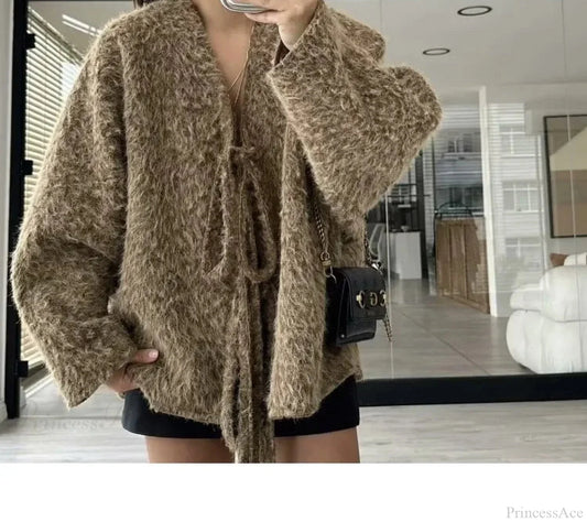 Lace-Up Bow Brown Cardigan Khaki / S Cardigan-241208